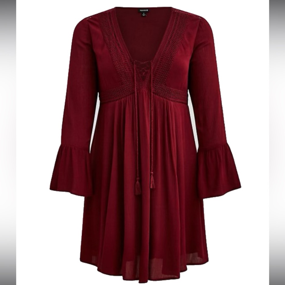 NWOT Torrid Plus Size 0 Red BURGUNDY GAUZE LACE-UP SKATER DRESS w/ Bell Sleeves